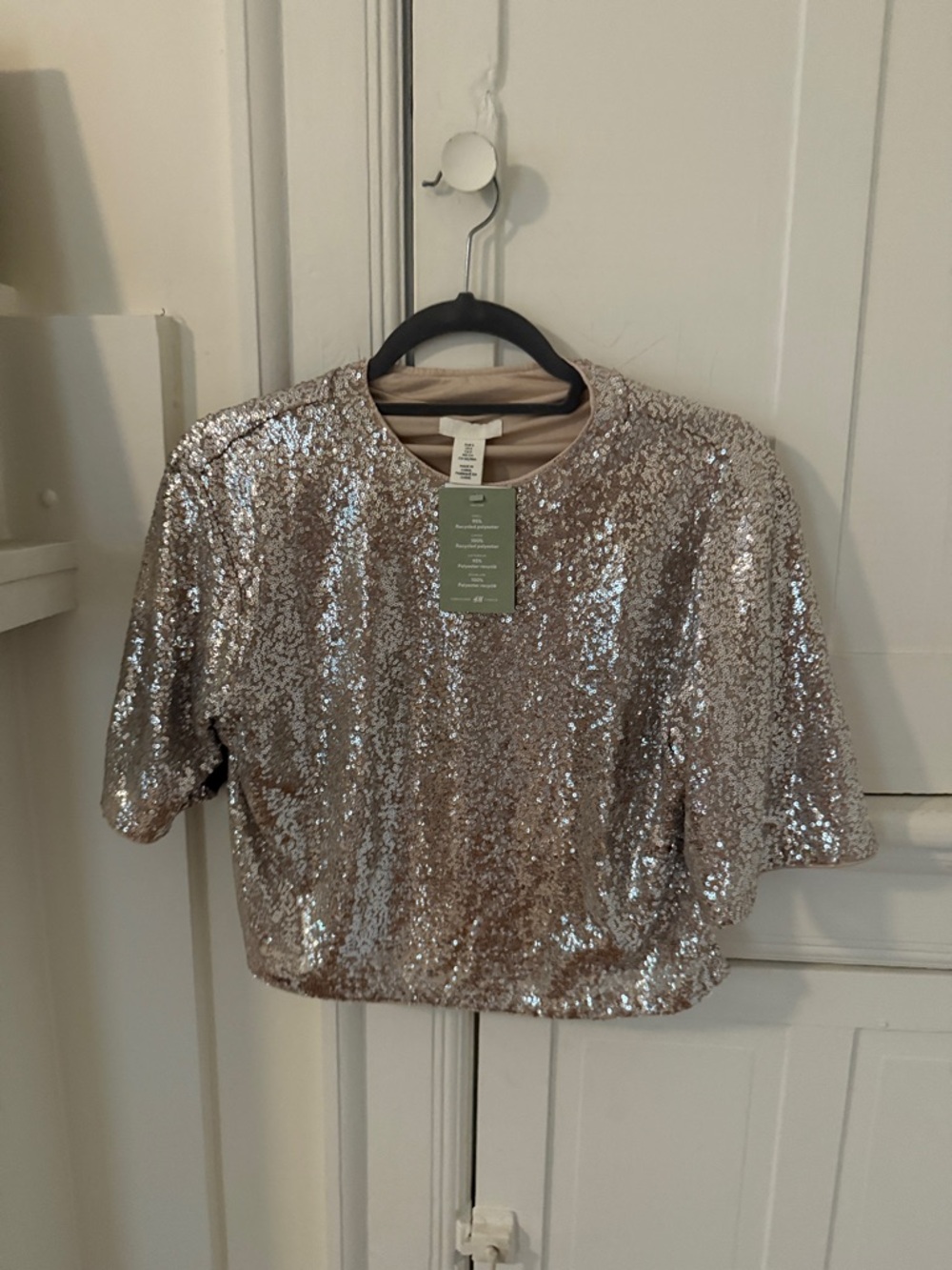 Divided Sequin Crop Top in Champagne Silver